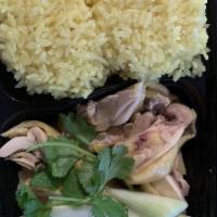 Hainanese Chicken · Steamed chicken (room temp with bones and skin) with Chef's soy sauce.