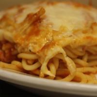 Burana Spaghetti · Double decker spaghetti with a layer of ham and cheese in the middle.