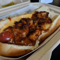 Shrimp Doggy Dog · Hot dog with chili, cheese, and shrimp.