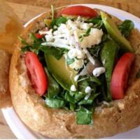 Bikini Salad · Spinach, avocado, red onions, tomatoes, artichokes, alfalfa sprouts & Gouda cheese with your...