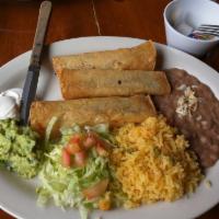 Flautas · Three corn tortillas rolled with meat and fried. Comes with guacamole and sour cream. Served...