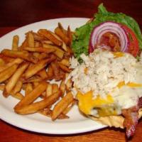 Bubba Burger · Our most popular burger, topped with cheese, bacon and crabmeat.