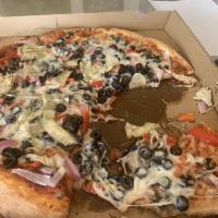 Veggie Supreme Pizza · Mushroom, black olives, red onions, bell peppers, and artichoke hearts.