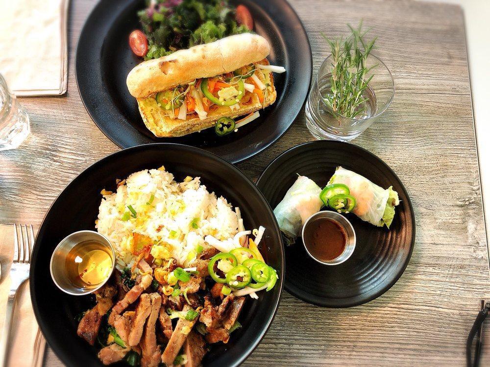 Banh Mi Sandwich · Ciabatta Bread, Mango Mayo, Cilantro, Pickled Daikon and Carrot, Jalapenos, Crispy Shallot, Choose your Favorite Protein (Grilled Five Spice Chicken, Grilled Pork, Fried Tofu, Grilled Steak +$2), Served with Fries