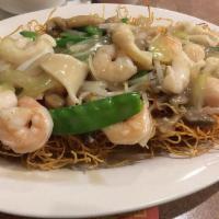 Pork Pan Fried Noodles · Pork, onions, pea pods, mushrooms and bean sprouts.