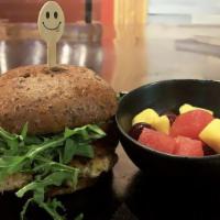 Cranburkey · #LiveHealthy - Turkey patty with arugula, tomato, onion, and cranberry yo on a wheat bun.