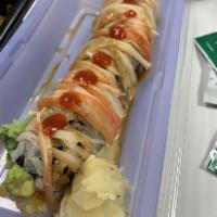 Sunny Roll · Shrimp tempura, avocado, cream cheese, crabmeat topped with eel sauce, chili sauce and spicy...