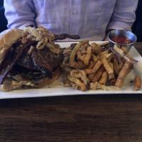 Loaded Lucy · Custom blend char-broiled burger, stuffed with American cheese, topped with bacon, sauteed m...