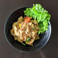 Drunken Noodles · Pad kee mao. Spicy pan-fried flat rice noodles with tomatoes, onions, basil leaves, bell pep...