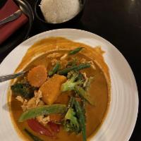 Pumpkin Curry · Red curry with kabocha pumpkin, green bean, broccoli, bell pepper and sweet basil.