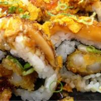 Hurricane Maki · 8 pieces. Fried shrimp, lettuce, salmon, sweet chili sauce, teriyaki sauce, wasabi mayo and ...
