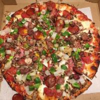La Val's Special Pizza · Salami, pepperoni, mushrooms olives, bells, onions, linguica, sausage and beef.