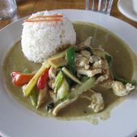 Green Curry · Served with coconut milk, bamboo shoots, red and green bell peppers, basil leaves. Prepared ...