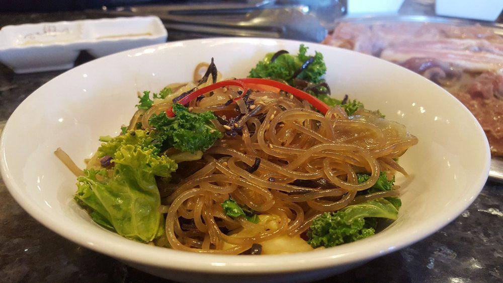 Japchae · Stir-fried glass noodles, seasoned with soy sauce, sugar, with assorted vegetables. Comes with 1 rice each.