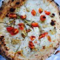Amalfi Pizza · Mozzarella di Bufala, cherry tomatoes, artichoke hearts, spinach and goat cheese.