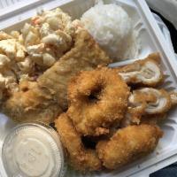 Seafood Combo · Fish, fried shrimp and choice of meat. Served with 2 scoops of rice and 1 scoop of macaroni ...