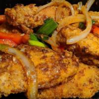 Burmese Chicken Wings · Deep fried chicken wings with green onions, bell peppers, jalapenos and dried chili.