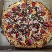 Manhattan Meat Pizza · Carnivores delight! pepperoni, Canadian bacon, sausage, beef, real bacon, Wisconsin whole mi...