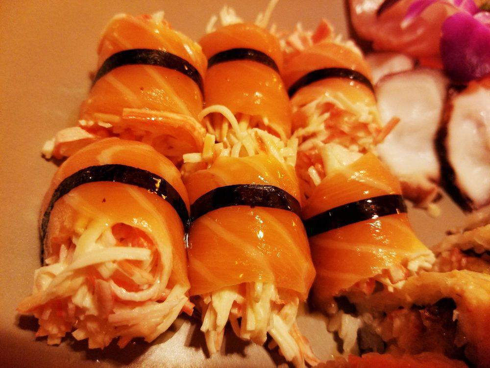 Angel Roll · Marinated crab stick wrapped with sliced tuna or salmon (no rice, seaweed tie).