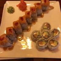 Sunset Roll · Shrimp tempura, spicy tuna, spicy marinated crab stick (spicy salmon, red tobiko on the top).