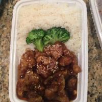 Sesame Chicken · Chunks of crunchy fried chicken, tender on the inside in a sweet, brown, and sesame sauce on...