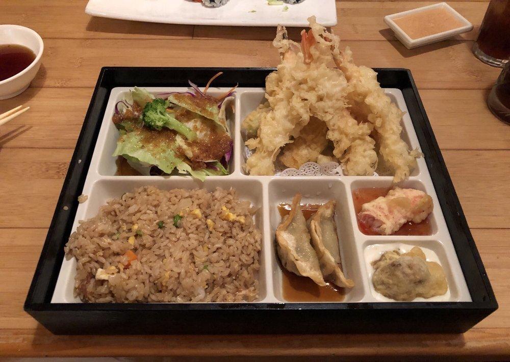 Bento Box Dinner · Comes with shrimp and veggie tempura. Your choice of sushi or sashimi (rice include only with sashimi) and your choice of beef, chicken, shrimp, salmon, or white fish teriyaki.
