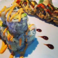 Sunset Roll · Salmon, cream cheese, crab meat roll deep fried, topped with tobiko and special sauce.