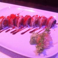 Williamsburg Roll · Spicy scallops and crunch with crab meat and tobiko on top.