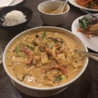 Panang · Thai red curry with mushrooms, bamboo shoots, red bell pepper, zucchini, onion and Thai basi...