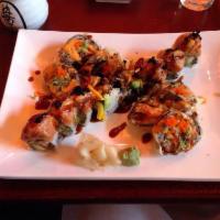 Godzilla Roll · Spicy tuna & avocado deep fried with chef's special spicy sauce.