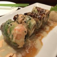 Out of Control Roll · Lobster tail tempura, crunch and crab inside, topped with eel, shrimp, avocado and served wi...