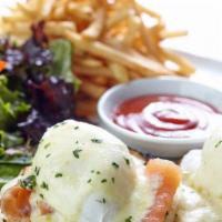 Pastrami Eggs Benedict, 3 Eggs Fries and Salad · 