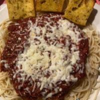 Spaghetti · Fresh spaghetti pasta cooked el dente with our homemade meat sauce and topped with mozzarell...