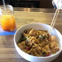 Drunken Noodle · Sauteed flat noodles with egg, basil, onions, carrots, string beans, bamboo shoots and bell ...