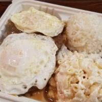 Loco Moco Lunch Plate · Hamburger patties over rice covered with brown gravy and topped with eggs.