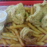 Fish and Shrimp Snack Basket · 2 handed-battered catfish pieces and 2 jumbo shrimp served with over a bed of fries and 1 hu...
