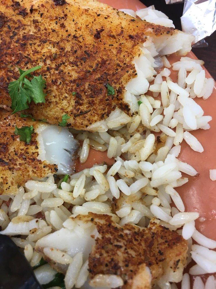 Blackened Catfish · 8 oz. fillet blackened with house prepared mix of Cajun seasonings. Served over a bed of rice.