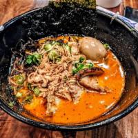 Hakata Tonkotsu Black Ramen · Pork broth, pork chashu, seasoned egg, kikurage, green onion, nori dried seaweed, garlic oil...