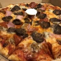 Meat Lovers Pizza · NO SUBSTITUTIONS Pepperoni, sausage, ham and homemade meatball. Thin crust New York style pi...