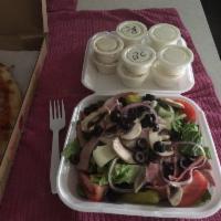 Antipasto Salad · Salami, ham, provolone and pepperoncinis. Made with romaine lettuce, Roma tomatoes, red onio...