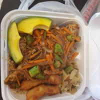 Brown Stew Chicken · Include rice and peas, steamed cabbage and festival.