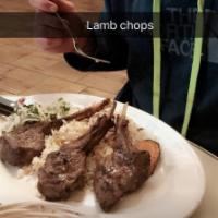 Lamb Chops · Gluten free. 3 pieces. Tender, marinated and char-broiled. Served with choice of 2 sides.