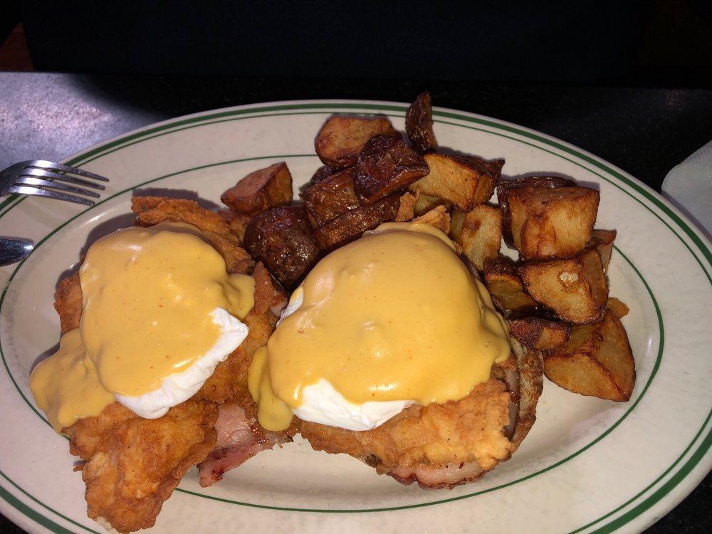 Fried Chicken Benedict · Our classic benedict made with southern fried boneless chicken breast and Canadian bacon.