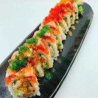 Rocky Manhattan Roll · Shrimp tempura, crab mix, avocado, jalapeno, rice, seaweed, crab sticks, spicy tuna, 3 color...