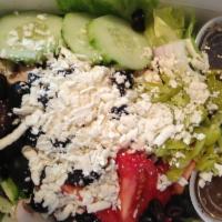Greek Salad · Mixed greens, Greek feta, onions, green peppers, Greek and black olives, pepperoncini, mushr...