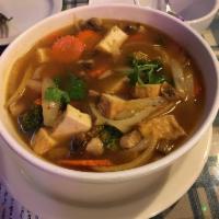 Tom Yum · Your choice of meat with mushroom, onion, tomato and carrot in Thai style hot and sour soup. 