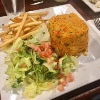 Arroz Con Pollo · Rice with chicken “Colombian Style!”. Yellow rice mixed with shredded chicken breast, vegeta...