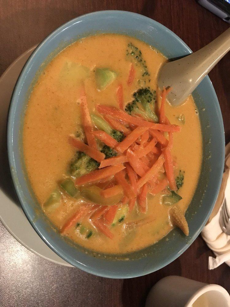 Panang Curry · Curry with bell peppers, broccoli, carrots and fresh kaffir leaves in panang curry paste.