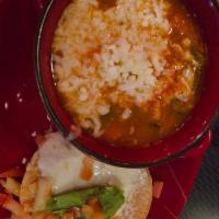 Matamoros Soup · Chicken broth filled with zucchini, carrots, bell pepper, onion and chicken breast chunks an...