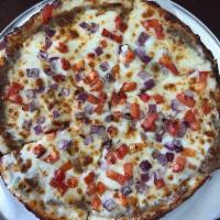 Gyros Pizza · Tzatziki sauce, mozzarella, seasoned gyros meat, tomato and red onion.